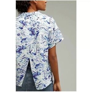 Maeve Anthropologie Button Down Shirt Coastal Print Short Sleeve Small
